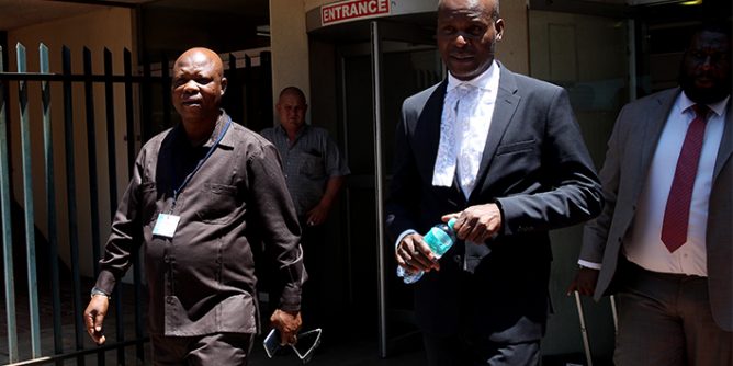 The head of former president Jacob Zuma's legal team, Daniel Mantsha, and former ANC provincial secretary Super Zuma outside the Pietermaritzburg high court on Tuesday.