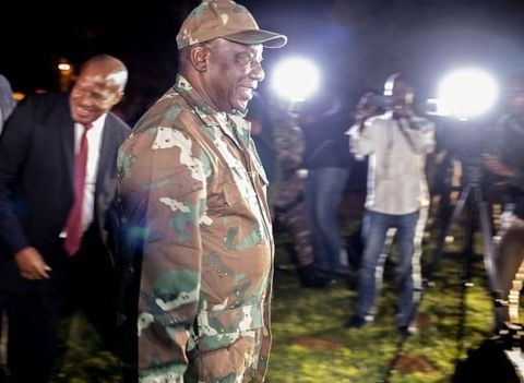 South African President Cyril Ramaphosa arrives at Diepkloof Army Base to address soldiers prior to their deployment in Johannesburg, 26 March 2020
